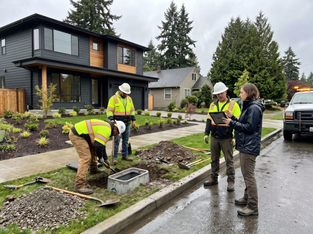Utility coordination at the curb as a crew installs a water meter box for a new Seattle home