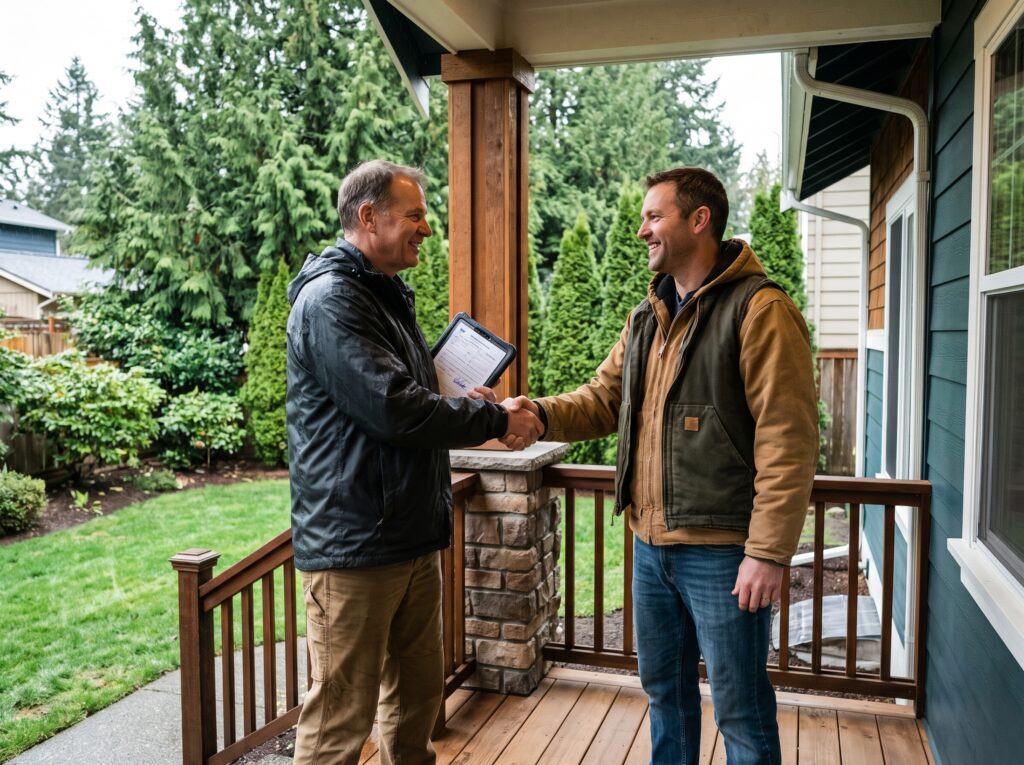 Inspector and contractor shaking hands after final inspection with construction permit support