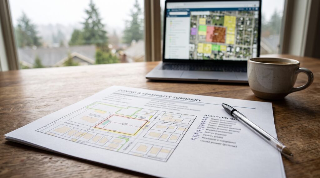 Project feasibility study report with zoning summary and utility checklist
