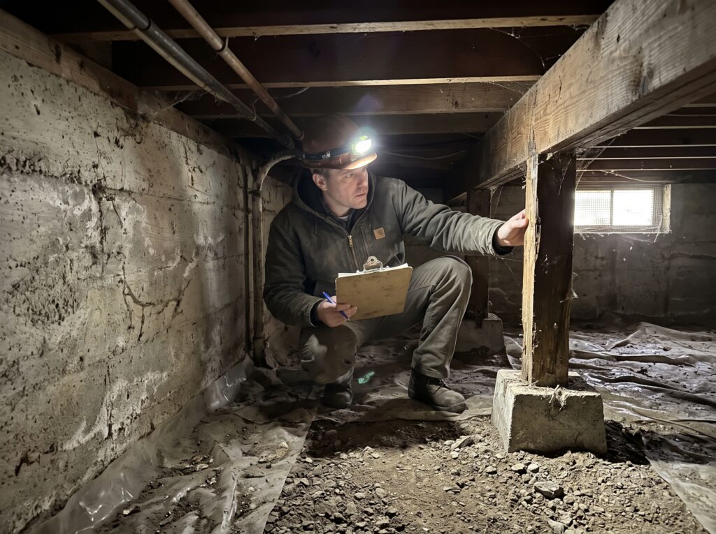 Engineer inspecting a crawlspace foundation during a site investigation of an older Seattle home