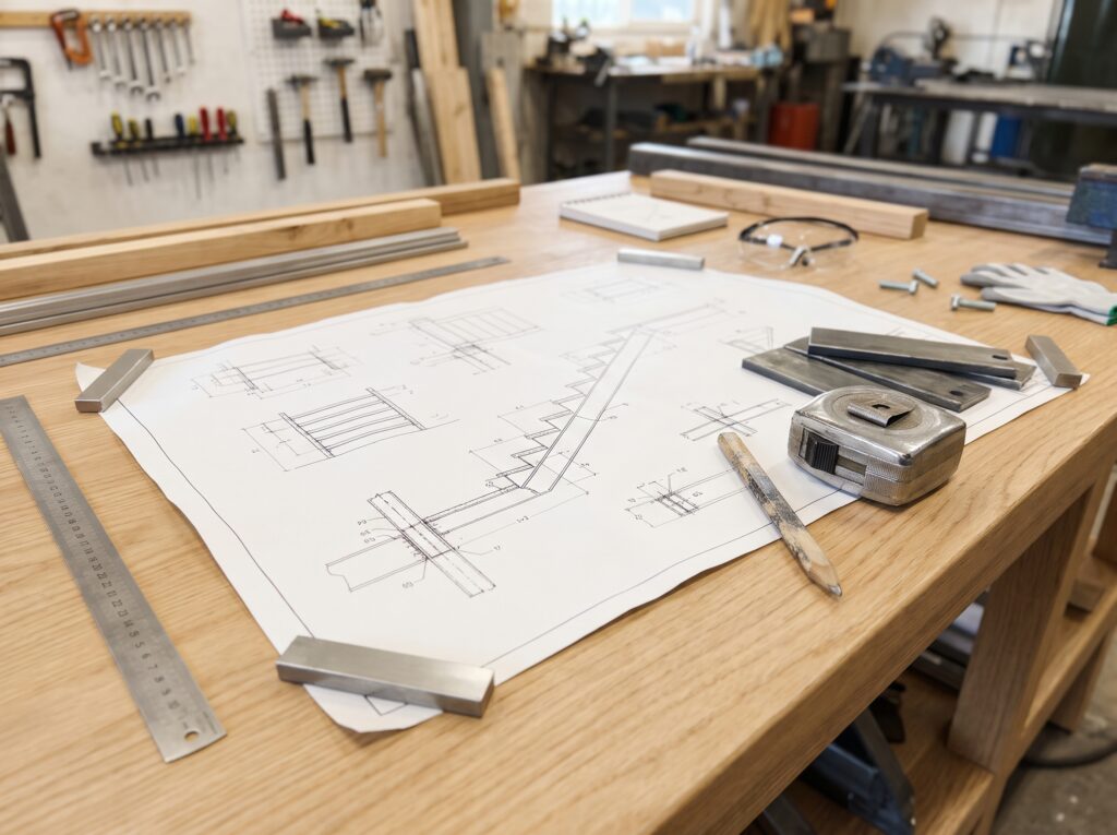 Shop drawings for a custom staircase on a fabrication workbench with a tape measure