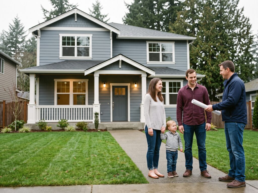 Family in front of their new home after residential building permits were approved