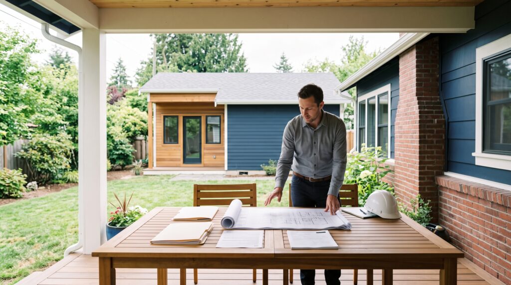Homeowner and builder reviewing plans with construction permit support